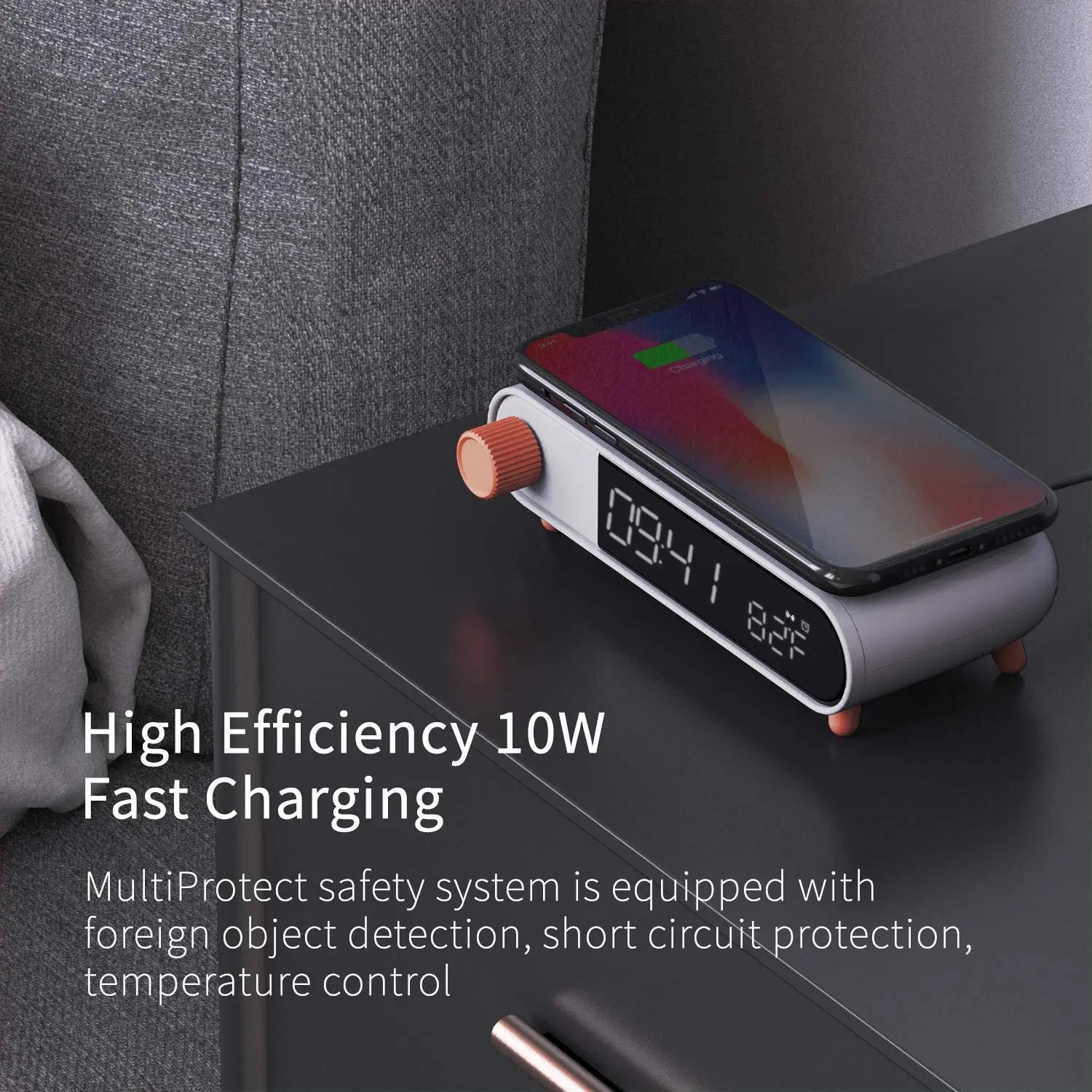 Apexto Alarm Clock with QI Wireless Charging Digital Electric Clock Large Display Temperature Calendar Display, with Indoor Temperature, White pattanaustralia